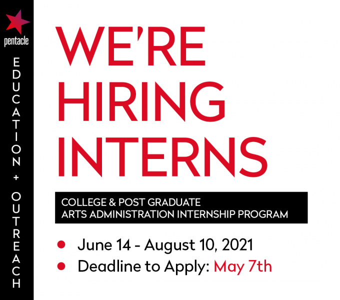 "WE'RE HIRING INTERNS" in red letters, black boxed white letters read "COLLEGE & POST-GRADUATE ARTS ADMINISTRATION INTERNSHIP PR