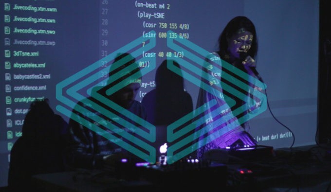 A transparent turquoise "LiveCode.NYC" logo on top of a person with a microphone to mouth looking down at the sound board.