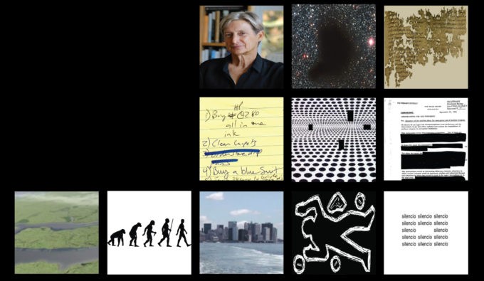 On a black backdrop, square images fit together side by side of various examples of fragments, lists, lacunae and Judith Butler.