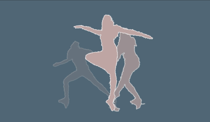 Three pale pink figures in on a grey-blue background in different dance shapes.