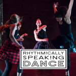 Image of 5 dancers grooving and rectangular black and white Rhythmically Speaking logo.