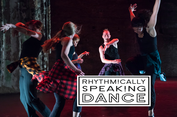Image of 5 dancers grooving and rectangular black and white Rhythmically Speaking logo.