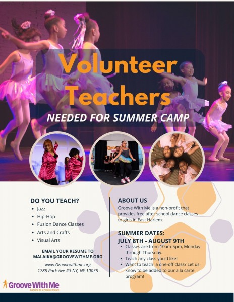 Volunteer Teacher Flyer for the Summer. Dates ranging from July 8th-August 9th