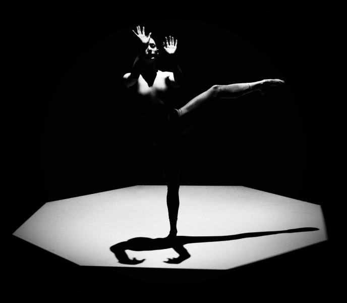 A dancer stands on a spotlighted stage, surrounded by darkness. One leg is extended horizontally behind them, while their arms a