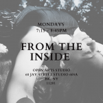 Black and white photo of a woman laying down with her arms over head. Text about the class is over the picture. 