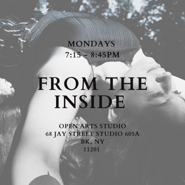 Black and white photo of a woman laying down with her arms over head. Text about the class is over the picture. 