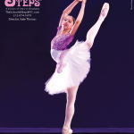 Picture of a ballet dancer performing in a purple costume and white tutu, The School at Steps logo with contact information
