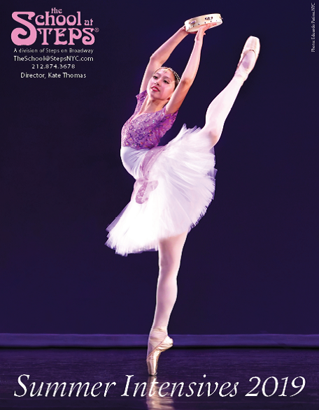 Picture of a ballet dancer performing in a purple costume and white tutu, The School at Steps logo with contact information