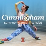 A dancer in brightly colored clothes stands widely with their arms placed. "Cunningham Summer Dance Intensive" is overlayed. 