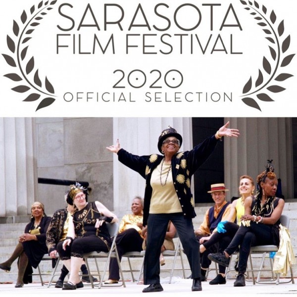 Award plaque for Sarasota Film Festival 2020; below a photo of dancer dressed in black and gold in a celebratory pose