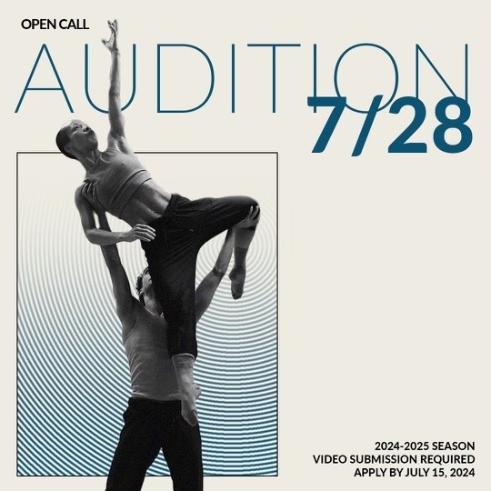 A graphic with a taupe background, featuring dark blue and black text. On the left is a black and white photo of two dancers, wi