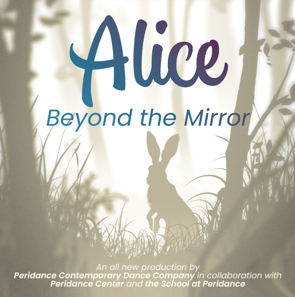 Digital drawing of a bunny in the woods with Alice: Beyond the Mirror written in blue and purple text.
