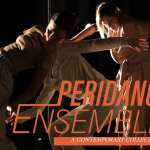 Dancers in neutral clothing on a dark stage with orange Peridance Ensemble logo