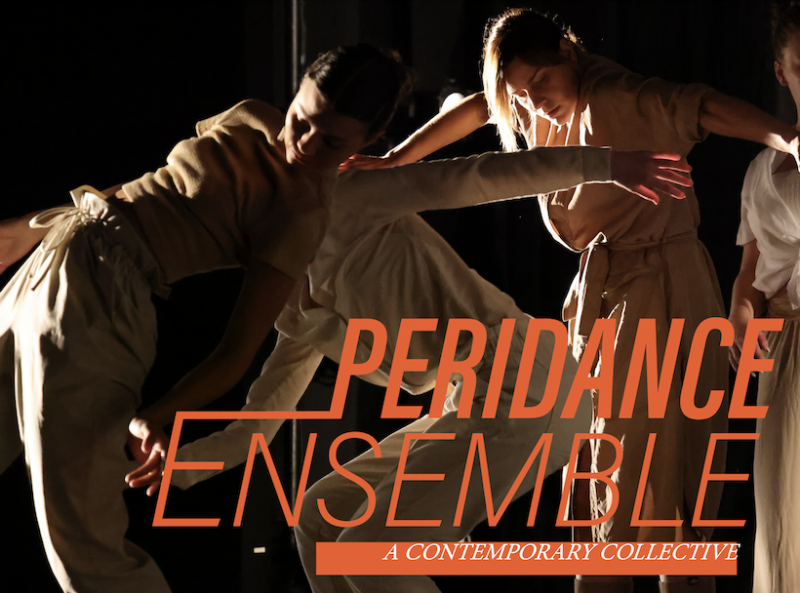 Dancers in neutral clothing on a dark stage with orange Peridance Ensemble logo