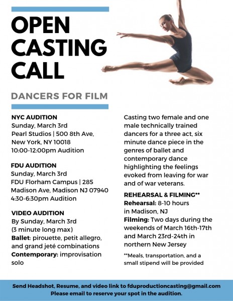 Auditions for a short film held by FDU Productions will be held on Sunday March 3rd, 2019 at Pearl Studios