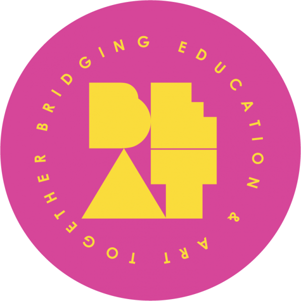 Pink circular logo with yellow letters spelling out BEAT: Bridging Education & Art Together