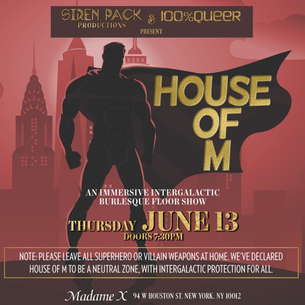 House of M - Superhero and Villain Burlesque show flyer by Siren Pack Productions - www.sirenpack.com