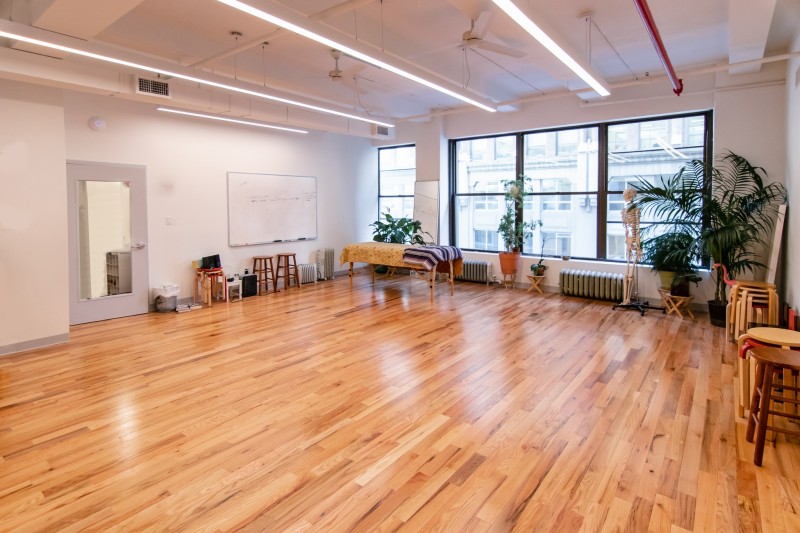 Sunny dance/movement studio with hardwood floor, windows, massage table, stools, and plants