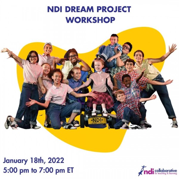 A group of dancers with and without disabilities lean in towards the middle smiling.