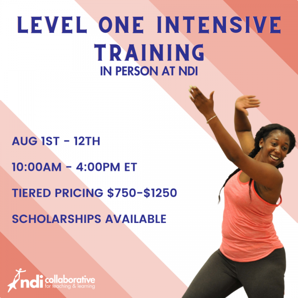 Dancer reaching up at the right side of the image. On the left the description of the workshop.