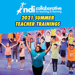 TA with arms up and children behind her. Blue background with NDI Collaborative logo and text that says 