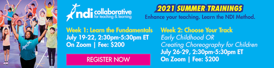 TA with arms up and children behind her. Blue background with info on NDI Collaborative trainings.