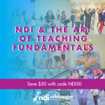 A photo collage of children dancing, Jacque d'Amboise, and teachers, with a blue gradient layer over it. At the center of the im