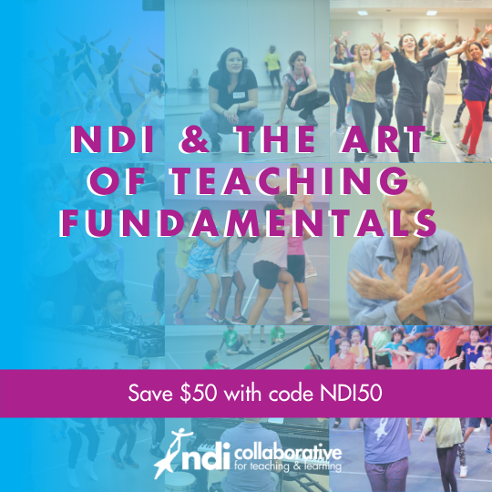 A photo collage of children dancing, Jacque d'Amboise, and teachers, with a blue gradient layer over it. At the center of the im