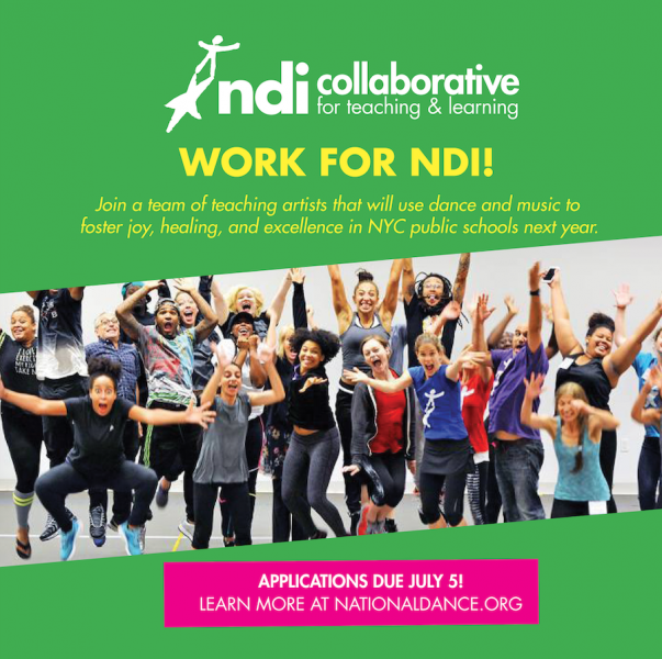 Teaching artists jumping in the air with joy. The top says "Work for NDI"