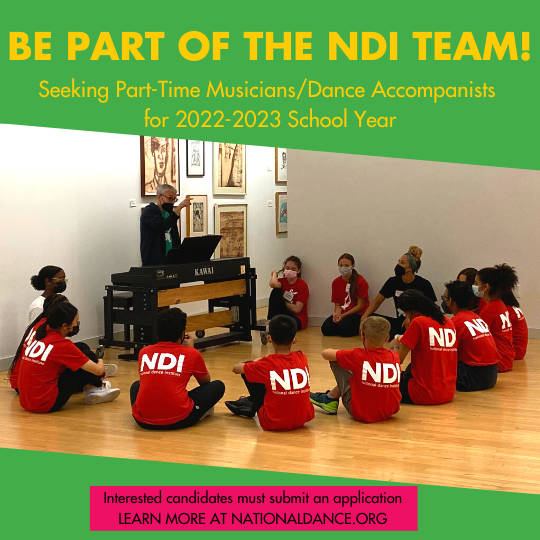 Graphic with a photo of a musician talking with a group of dancers