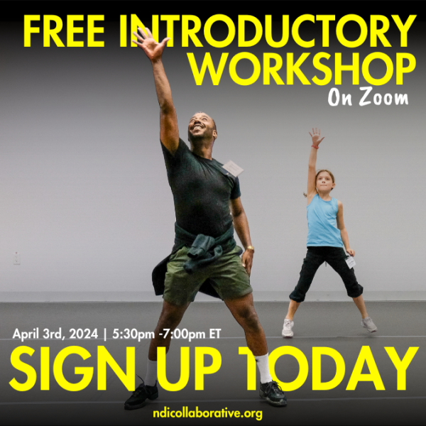 Male dance teacher stands with one arm held to the ceiling, behind them a children copies their position