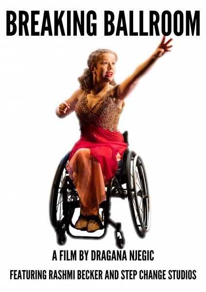 Wheelchair Dancer in Latin dance dress reaching out to the distance