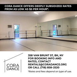 Cora Dance studio–800+ square-foot, ADA-accessible, unobstructed space with sprung flooring.