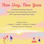 Yellow flier with pictures of people doing yoga and dancing. The info is explaining what the class is about. 