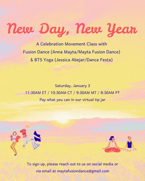 Yellow flier with pictures of people doing yoga and dancing. The info is explaining what the class is about. 