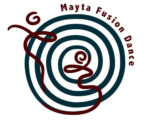 A spiral in dark blue, with two dancers in between the spiral and on top of the spiral it says Mayta Fusion Dance.
