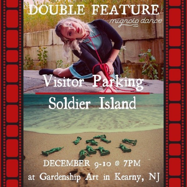 Ad for mignolo arts' Double Feature event. Includes dancer posing in front of a brick wall/toy soldiers washed up on a beach.