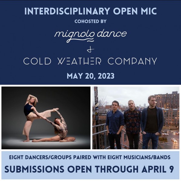 Advertisement for mignolo dance and Cold Weather Company collaborative open mic. Dancers on left and band on right.