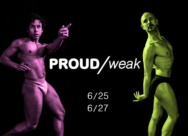 Two colorfully highlighted dancers pose opposite each other on a black background