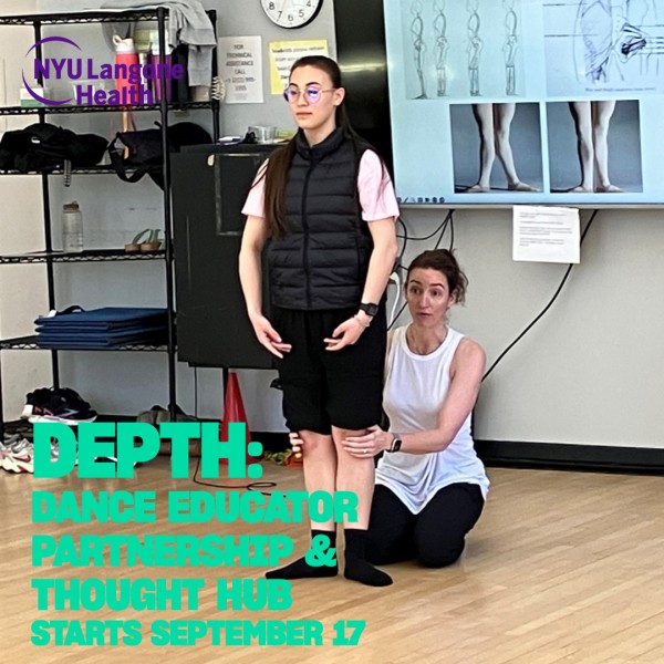 Clinician helping dance educator with text overlay of program title. 