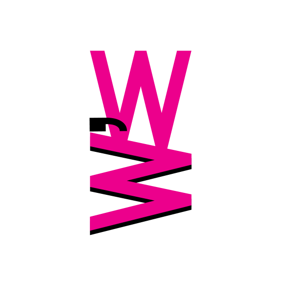Two pink W's stacked vertically. The lower W is rotated 90 degrees to the left with a black apostrophe above it.