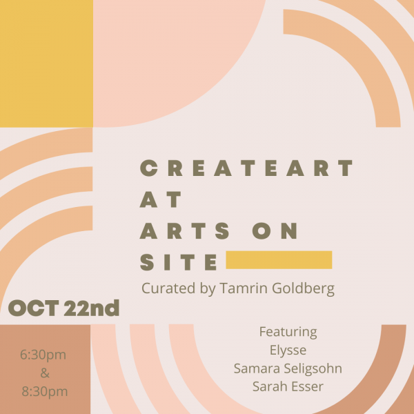 Flyer with bold pink, yellow and orange geometric, circular shapes around edges. 