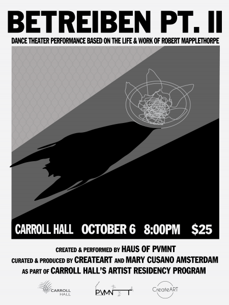 Black and white flyer with geometric shape casting a shadow and text containing the event title and information.