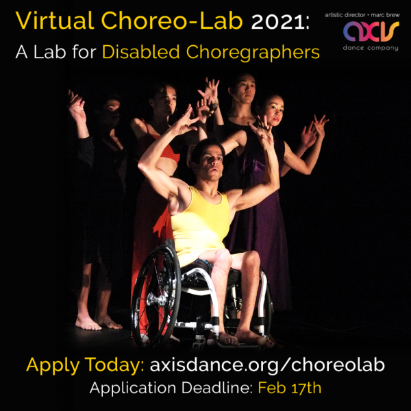 JanpiStar sits in their wheelchair with two arms raised upwards, while four additional dancer stand behind them.