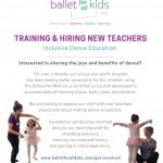 Flyer shows images of teachers working individually with child dance students. Includes description of organization, training