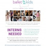Images of children in dance class, text describes internship positions and contact info