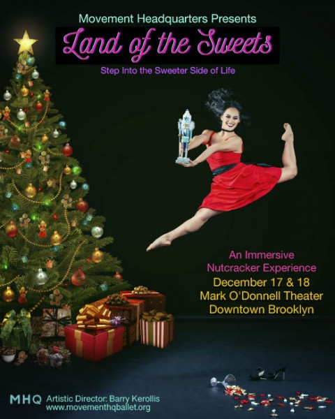 Dancer in the air doing splits in a red dress holding a Nutcracker doll beside a large Christmas tree with gifts under it