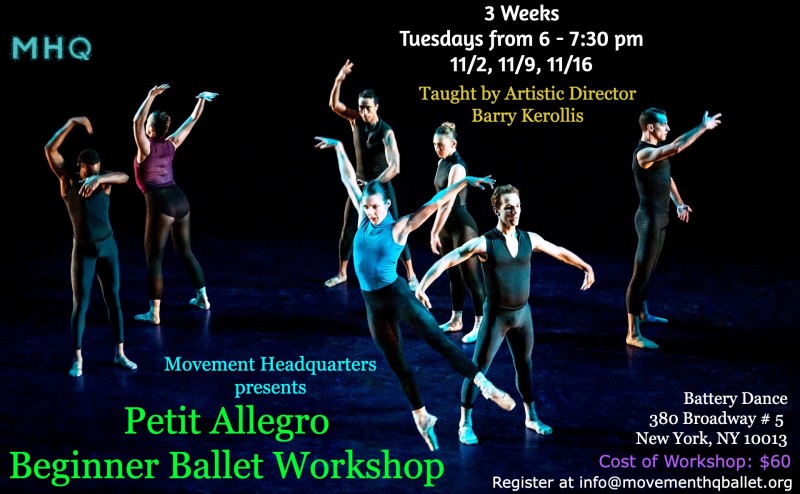 Dancers in different movement poses with workshop details listed around th