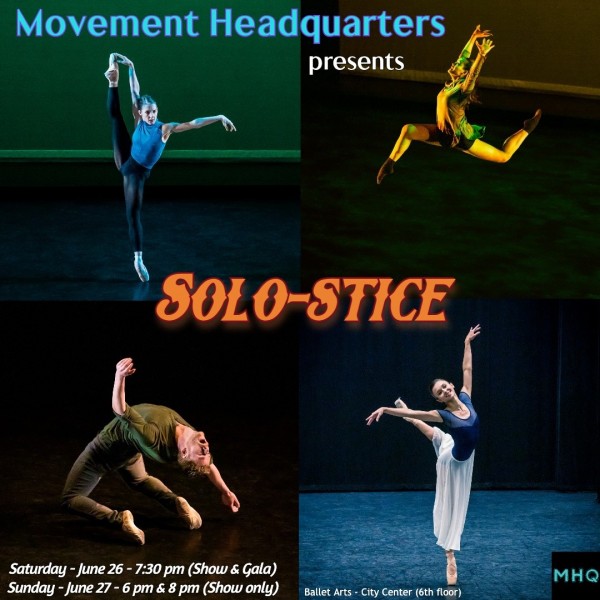 Four colored squares with dancers suspended in varied ballet and contemporary dance movements