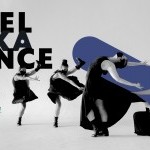 Four women in black dresses with two in the back legs up, one in front arching back arms wide, one on the ground pulling skirt.